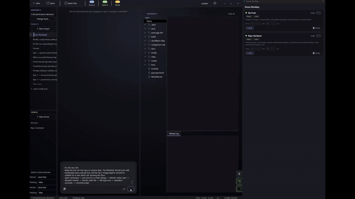 Aura IDE planning, dispatching, editing, validating, and completing a workflow.
